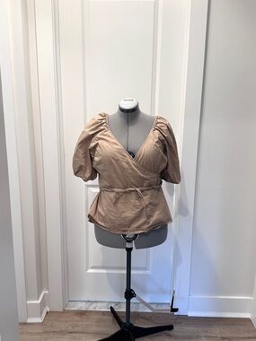 Neutral Wrap cotton Peplum Top with Puff Sleeves